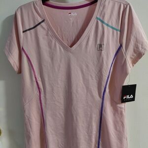 Fila Light Pink V-Neck Tee with Colorful Trim